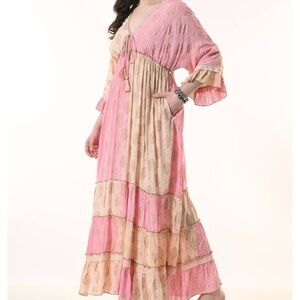 26413 Boho Maxi Dress with Gold Foil Print – Summer Resort Dress w POCKETS